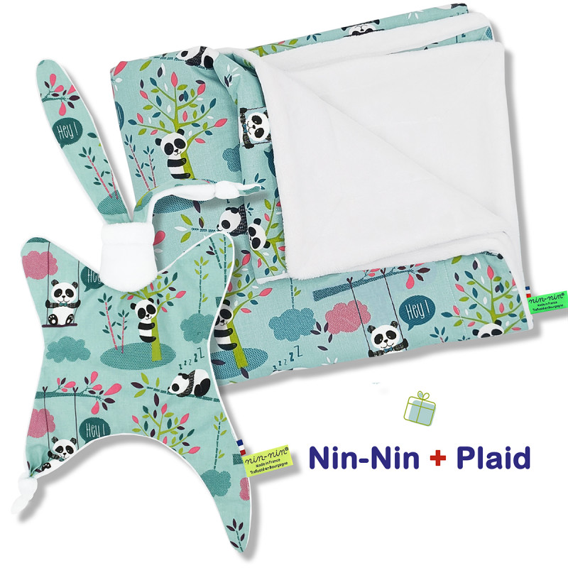 Blanket and plaid birth box Panda. Original and made in France. Doudou Nin-Nin