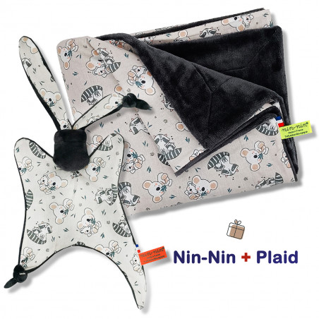 Blanket and plaid birth box Raccoon. Original and made in France. Doudou Nin-Nin