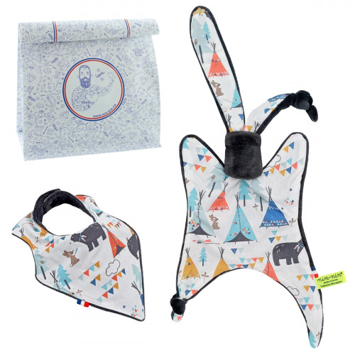 Birth gift baby comforter and bandana bib Tipi. Made in France. Nin-Nin