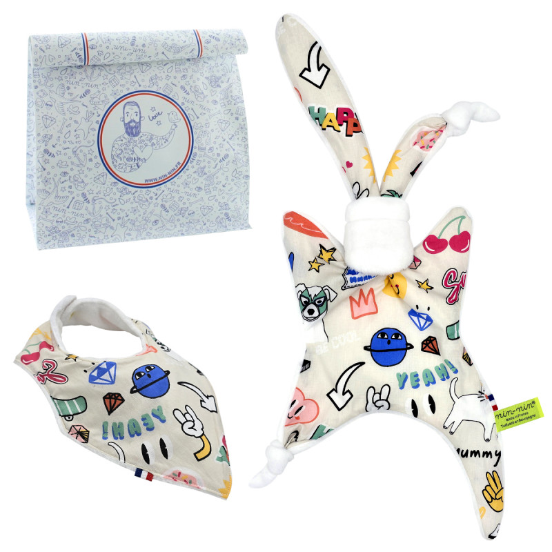 Birth gift baby comforter and bandana bib. Made in France. Nin-Nin