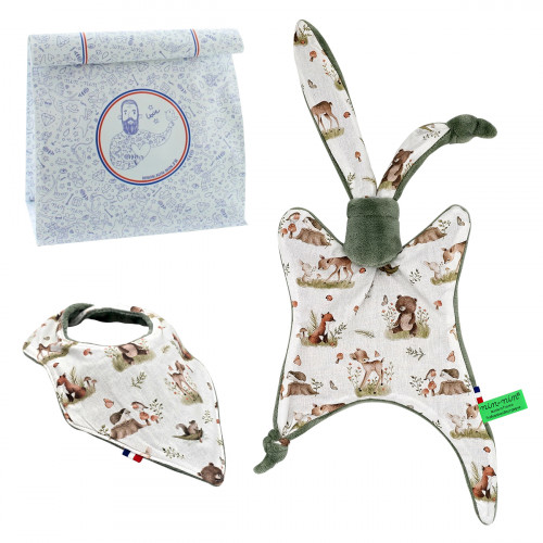 Birth gift baby comforter and bandana bib. Made in France. Nin-Nin