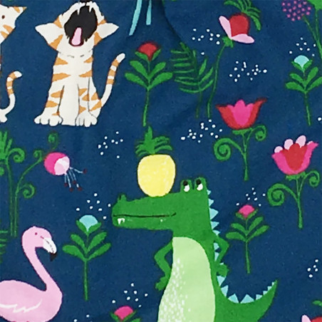 Fabric personalised baby comforter with flamingos, crocodiles, tigers, girafs and birds playing all together! Made in France