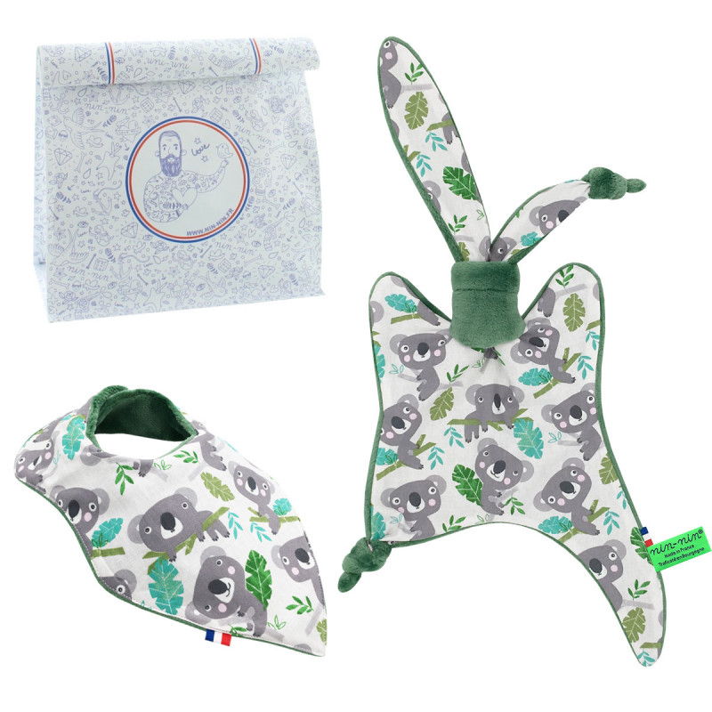 Personalised birth gift baby comforter and bandana bib Koala. French manufacturer Nin-Nin. Personalised birth gift baby comforter and bandana bib Koala. French manufacturer Nin-Nin.