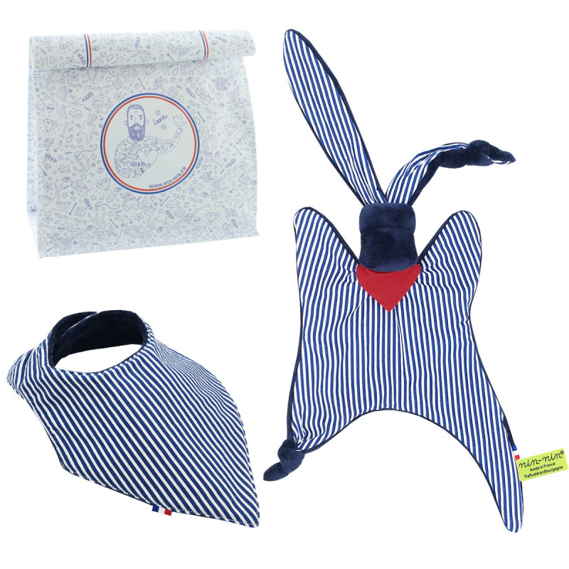 Birth gift baby comforter and bandana bib Jean Paul Gaultier. Made in France. Nin-Nin