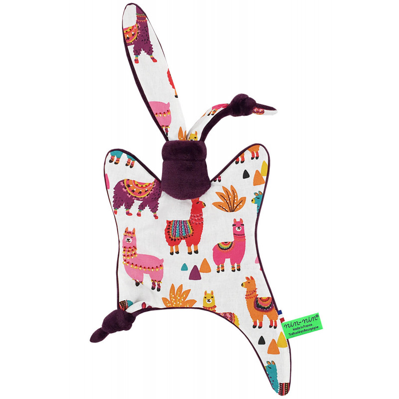 Personalised baby comforter with small multicolor llamas. Original birth gift made in France. Nin-Nin Personalised baby comforter with small multicolor llamas. Original birth gift made in France. Nin-Nin