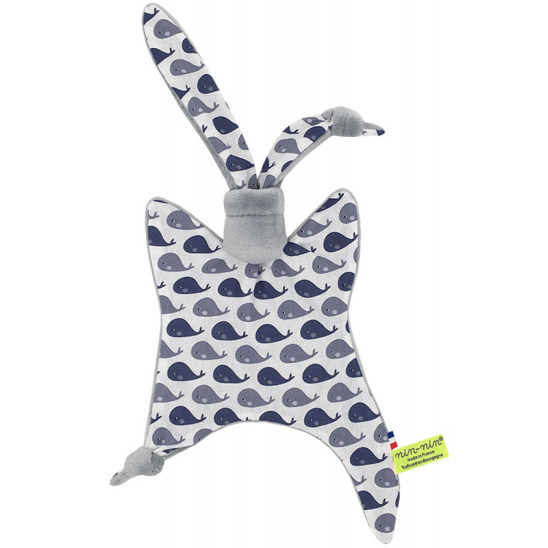 Original baby comforter grey whale. Personalised soft toy made in France. Nin-Nin Brand Original baby comforter grey whale. Personalised soft toy made in France. Nin-Nin Brand