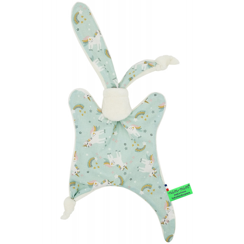 Original baby comforter unicorn rainbow. Personalised soft toy made in France. Nin-Nin Brand