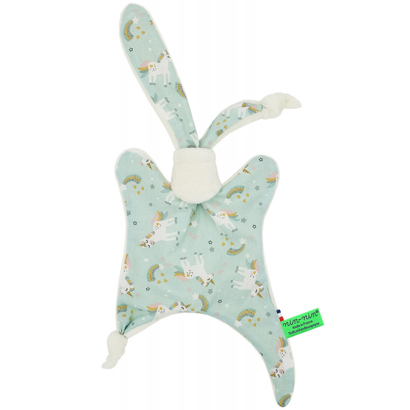 Original baby comforter unicorn rainbow. Personalised soft toy made in France. Nin-Nin Brand Original baby comforter unicorn rainbow. Personalised soft toy made in France. Nin-Nin Brand