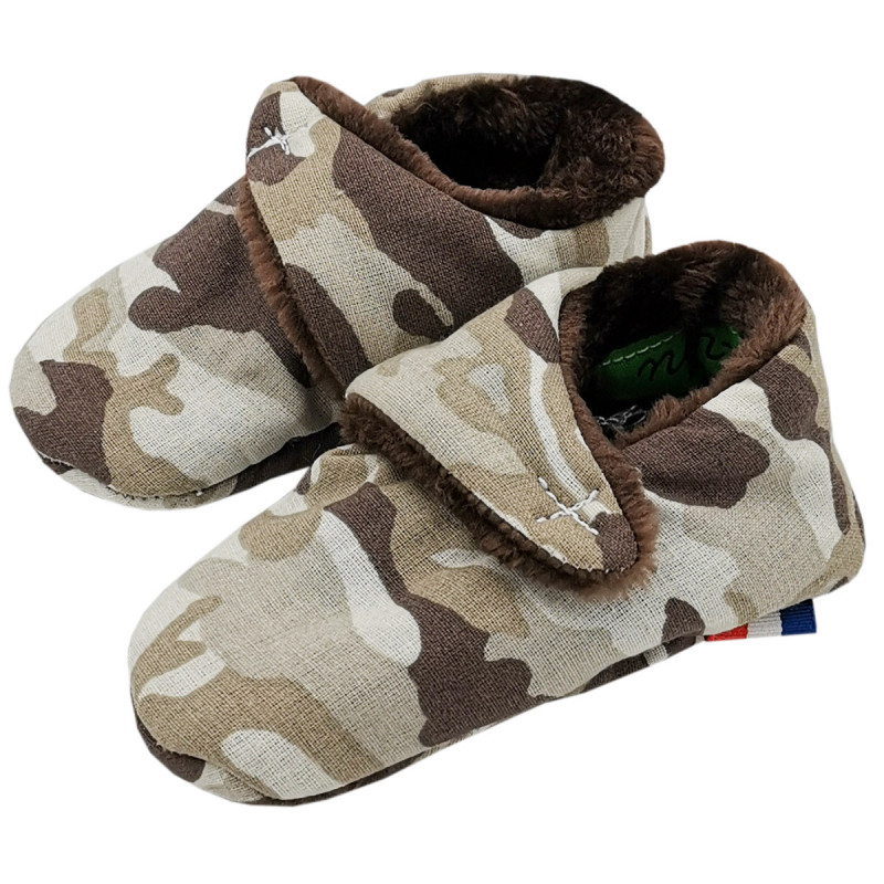 Camouflage low slippers. Birth gift made in France