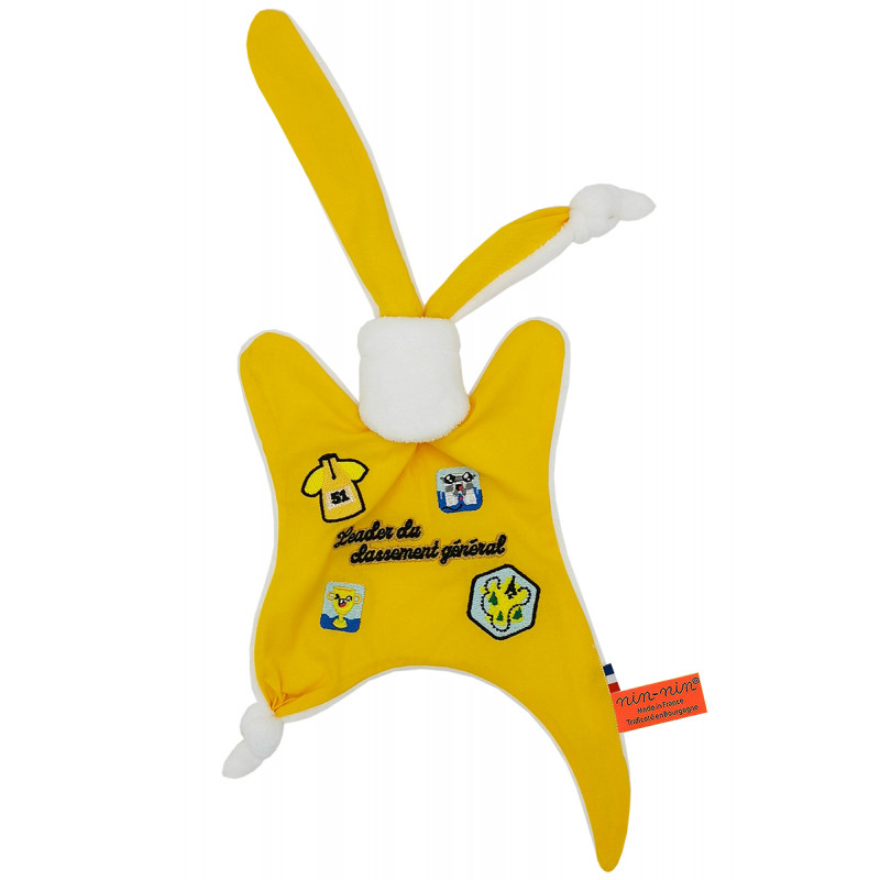 Doudou The leader of the Tour 2021 yellow jersey. Personalized birth gift made in France. Nin-Nin comforter Doudou The leader of the Tour 2021 yellow jersey. Personalized birth gift made in France. Nin-Nin comforter