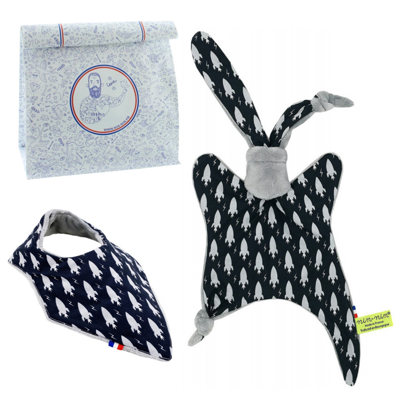 Birth gift baby comforter and bandana bib Ariane. Made in France. Nin-Nin