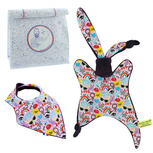 Birth gift baby comforter and bandana bib Girl Power. Made in France. Nin-Nin