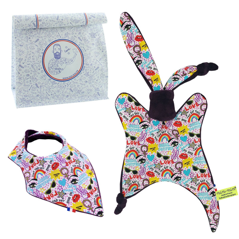 Birth gift baby comforter and bandana bib Girl Power. Made in France. Nin-Nin Birth gift baby comforter and bandana bib Girl Power. Made in France. Nin-Nin