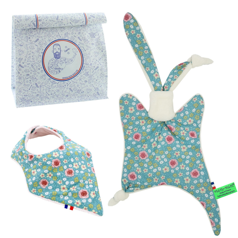 Birth gift baby comforter and bandana bib Joséphine. Made in France. Nin-Nin