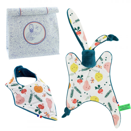 Birth gift baby comforter and bandana bib Veggie. Made in France. Nin-Nin