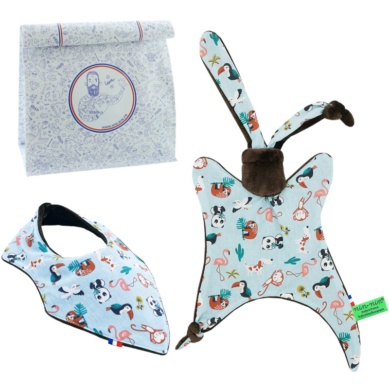 Birth gift baby comforter and bandana bib Explorateur. Made in France. Nin-Nin Birth gift baby comforter and bandana bib Explorateur. Made in France. Nin-Nin
