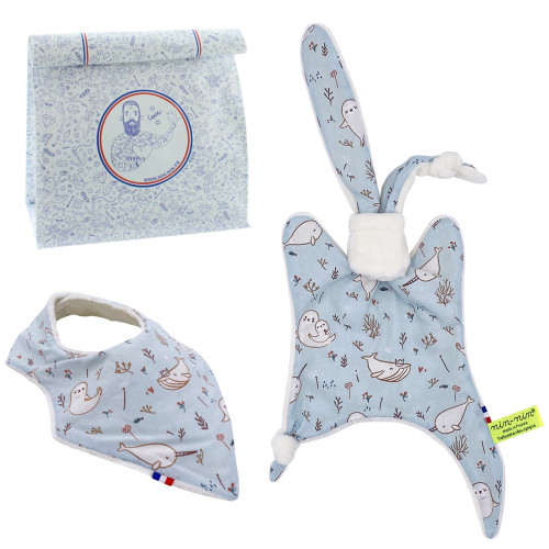 Birth gift baby comforter and bandana bib Bébé Phoque. Made in France. Nin-Nin