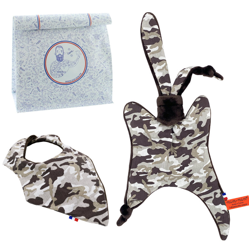 Birth gift baby comforter and bandana bib Commando. Made in France. Nin-Nin Birth gift baby comforter and bandana bib Commando. Made in France. Nin-Nin
