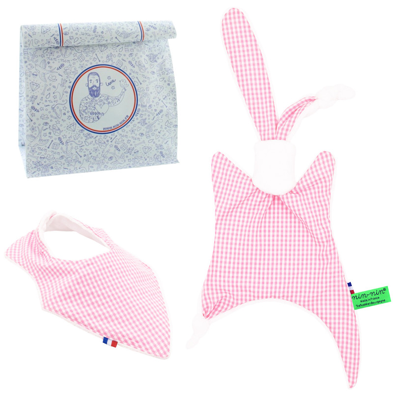 Birth gift baby comforter and bandana bib Vichy Rose. Made in France. Nin-Nin Birth gift baby comforter and bandana bib Vichy Rose. Made in France. Nin-Nin
