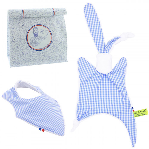 Birth gift baby comforter and bandana bib Vichy Bleu. Made in France. Nin-Nin