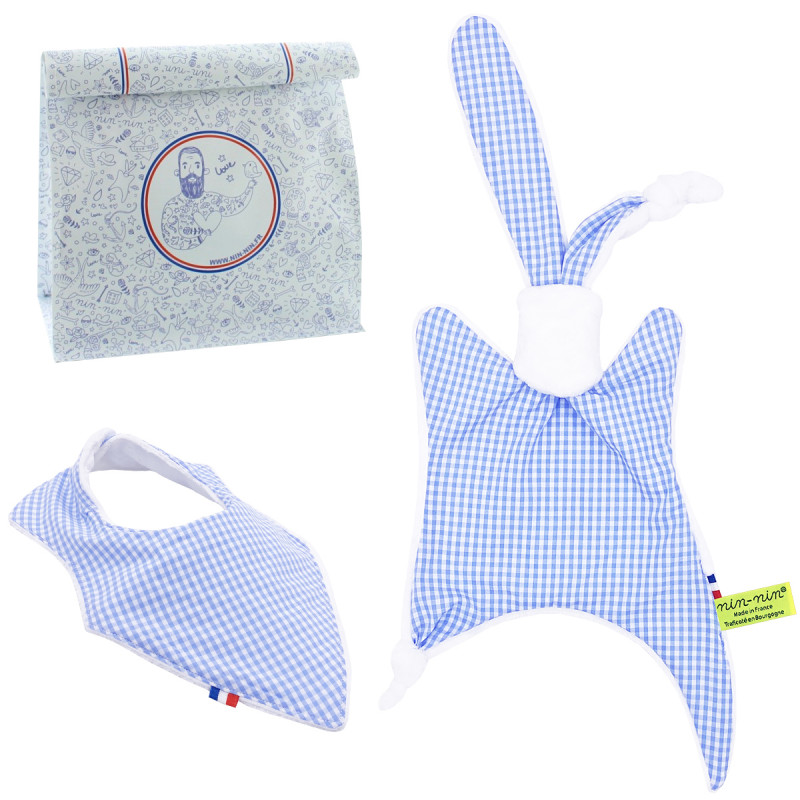 Birth gift baby comforter and bandana bib Vichy Bleu. Made in France. Nin-Nin