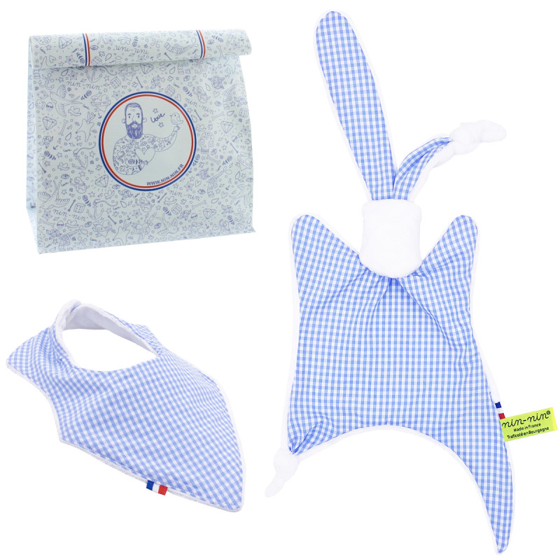 Birth gift baby comforter and bandana bib Vichy Bleu. Made in France. Nin-Nin Birth gift baby comforter and bandana bib Vichy Bleu. Made in France. Nin-Nin