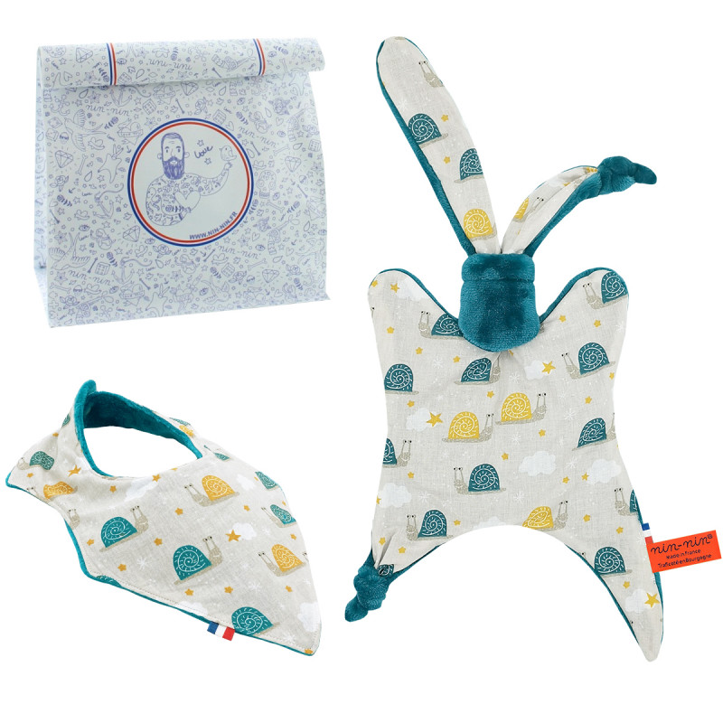 Birth gift baby comforter and bandana bib Escargot. Made in France. Nin-Nin Birth gift baby comforter and bandana bib Escargot. Made in France. Nin-Nin