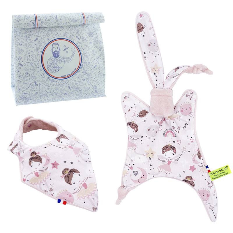 Birth gift baby comforter and bandana bib Clochette. Made in France. Nin-Nin Birth gift baby comforter and bandana bib Clochette. Made in France. Nin-Nin