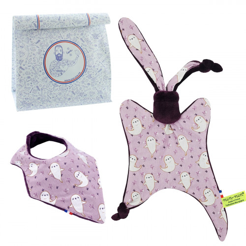 Birth gift baby comforter and bandana bib What The Phoque. Made in France. Nin-Nin