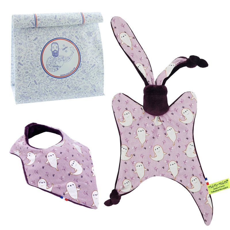 Birth gift baby comforter and bandana bib What The Phoque. Made in France. Nin-Nin Birth gift baby comforter and bandana bib What The Phoque. Made in France. Nin-Nin