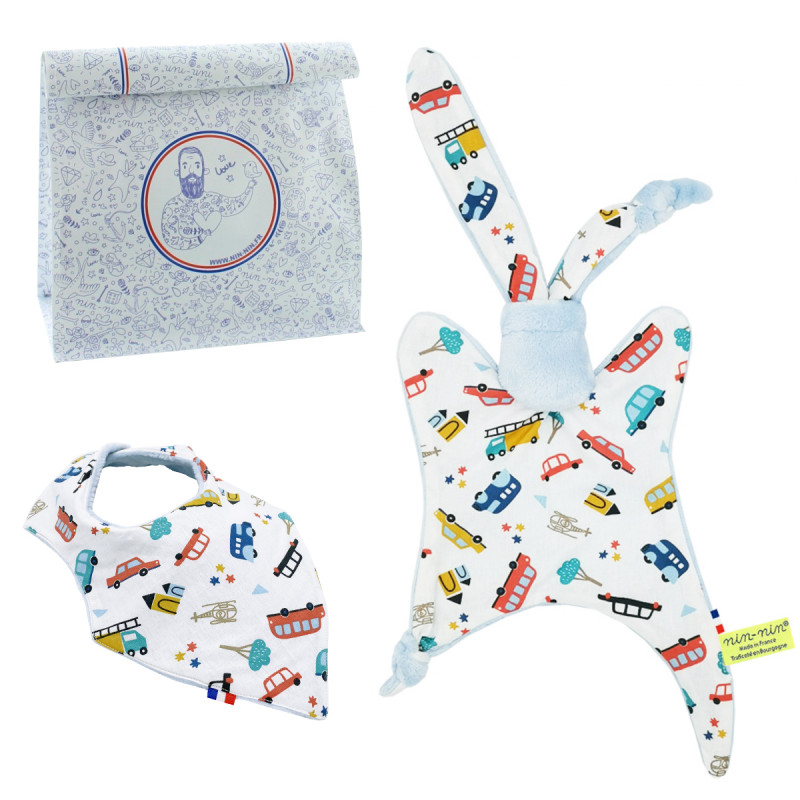 Birth gift baby comforter and bandana bib City. Made in France. Nin-Nin