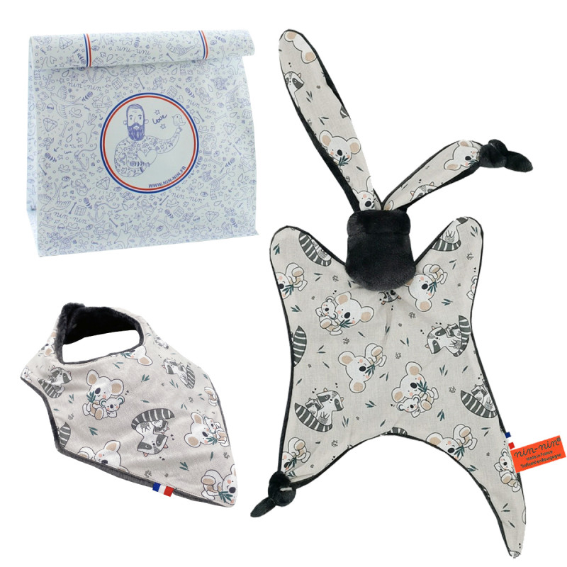 Birth gift baby comforter and bandana bib Raccoon. Made in France. Nin-Nin Birth gift baby comforter and bandana bib Raccoon. Made in France. Nin-Nin