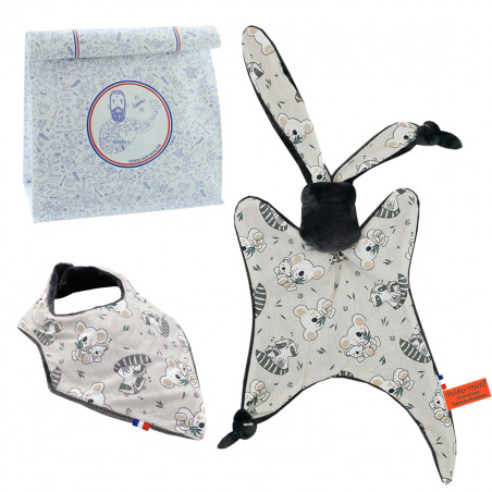 Birth gift baby comforter and bandana bib Raccoon. Made in France. Nin-Nin