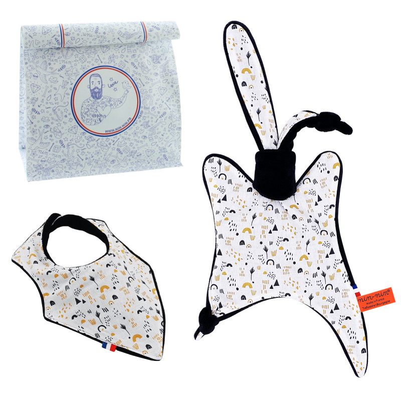 Birth gift baby comforter and bandana bib Barnabé. Made in France. Nin-Nin Birth gift baby comforter and bandana bib Barnabé. Made in France. Nin-Nin