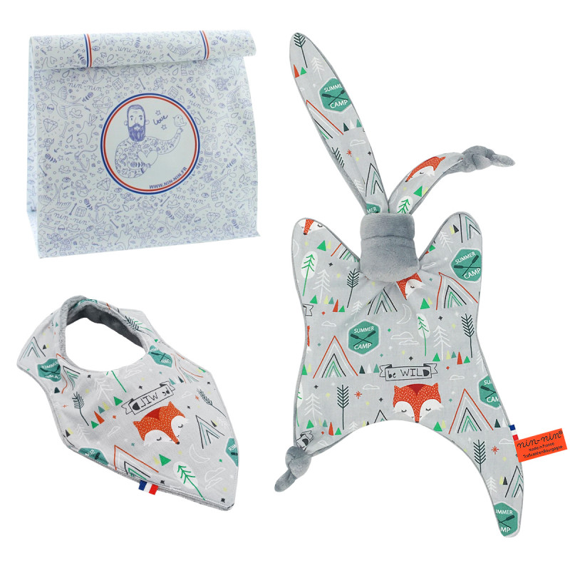 Birth gift baby comforter and bandana bib Fox. Made in France. Nin-Nin