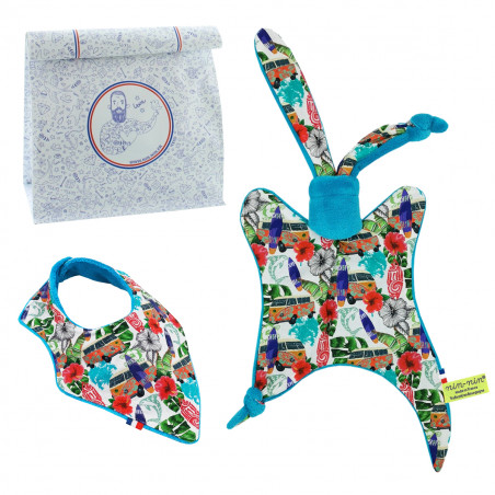 Birth gift baby comforter and bandana bib Hawaï. Made in France. Nin-Nin