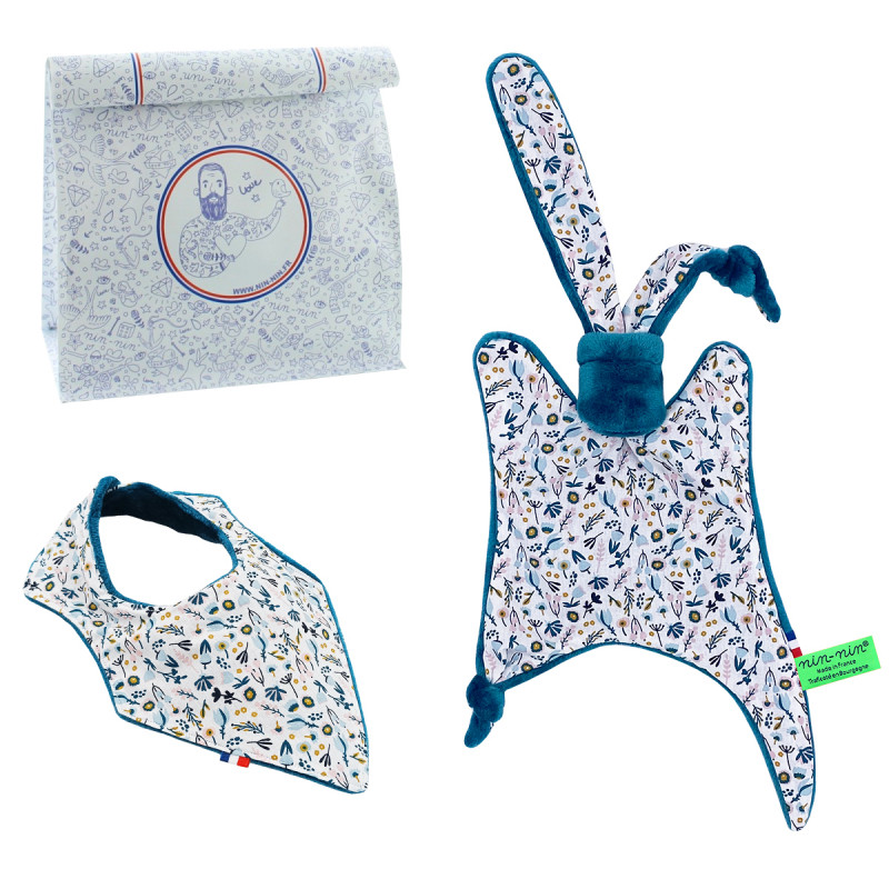 Birth gift baby comforter and bandana bib Mayeul. Made in France. Nin-Nin Birth gift baby comforter and bandana bib Mayeul. Made in France. Nin-Nin