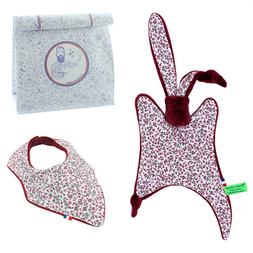 Birth gift baby comforter and bandana bib Nicole. Made in France. Nin-Nin