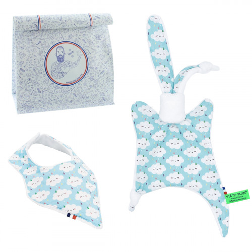 Birth gift baby comforter and bandana bib Nimbus Bleu. Made in France. Nin-Nin