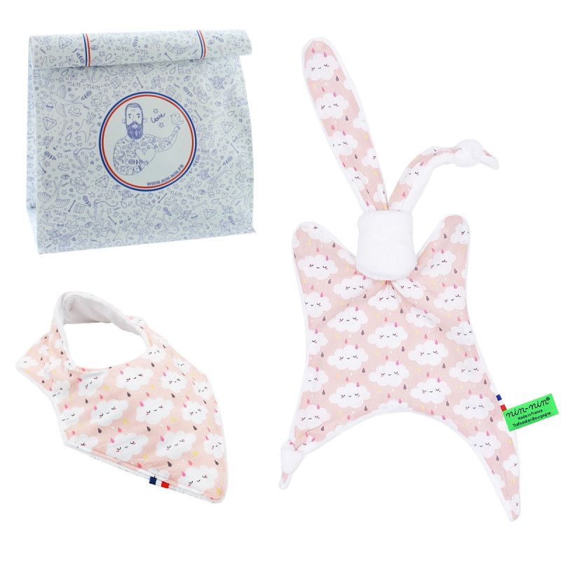 Birth gift baby comforter and bandana bib Nimbus Rose. Made in France. Nin-Nin Birth gift baby comforter and bandana bib Nimbus Rose. Made in France. Nin-Nin