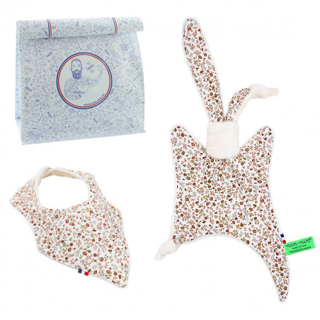 Birth gift baby comforter and bandana bib Simone. Made in France. Nin-Nin