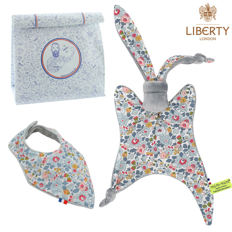 Birth gift baby comforter and bandana bib Phoebe. Made in France. Nin-Nin