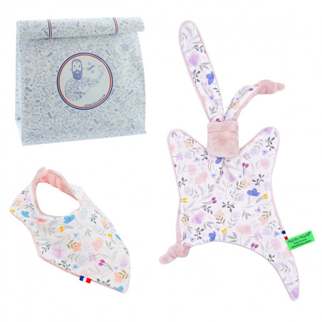 Birth gift baby comforter and bandana bib Colette. Made in France. Nin-Nin