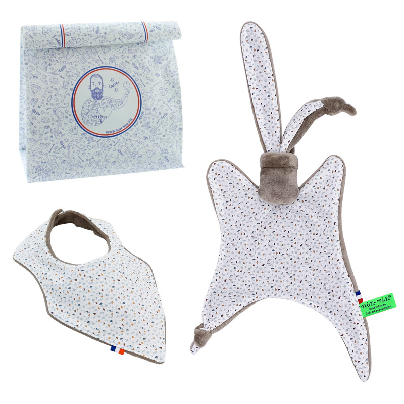 Birth gift baby comforter and bandana bib Cyprien. Made in France. Nin-Nin Birth gift baby comforter and bandana bib Cyprien. Made in France. Nin-Nin