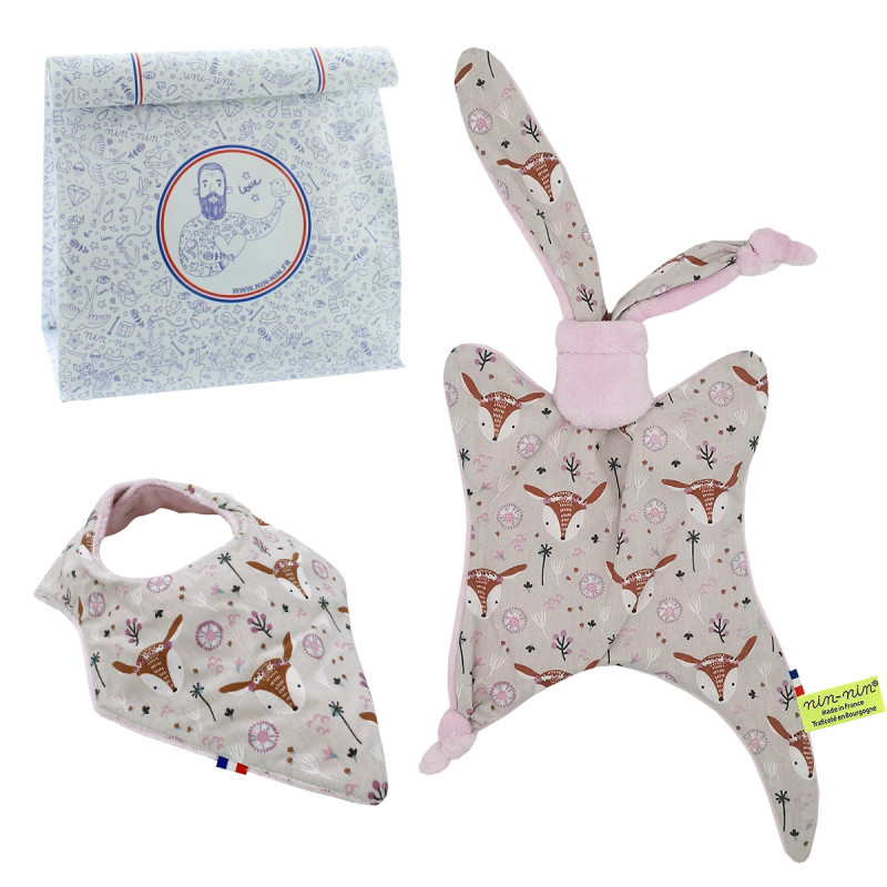 Birth gift baby comforter and bandana bib Bohème. Made in France. Nin-Nin