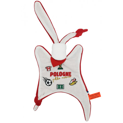 Baby comforter Football Pologne. FIFA World Cup 2022. Personalized birth gift made in France. Doudou Nin-Nin