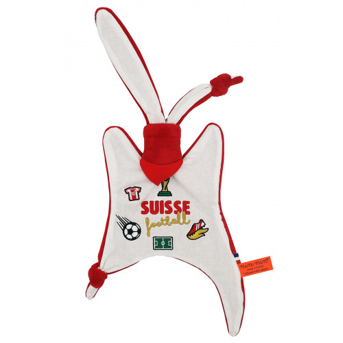 Baby comforter Football Suisse. FIFA World Cup 2022. Personalized birth gift made in France. Doudou Nin-Nin